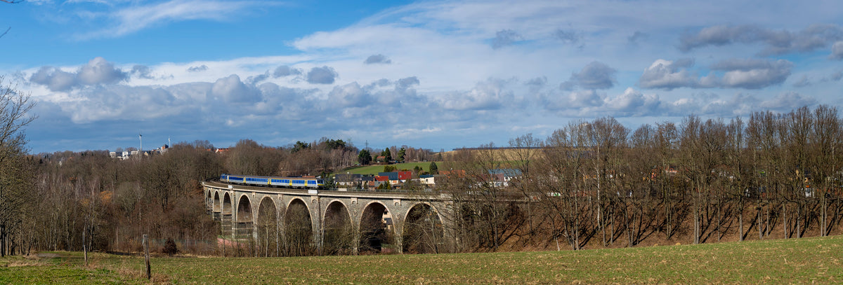 Viaduct with a train passing through, surrounded by trees and fields under a blue sky.