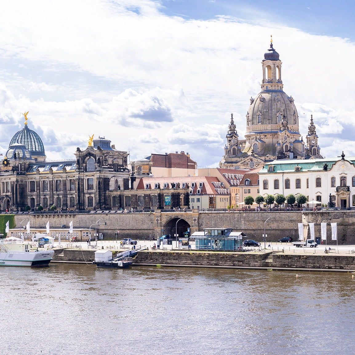 Dresden, Panoramic, photo, historic, city center, elbe river, boats, summer