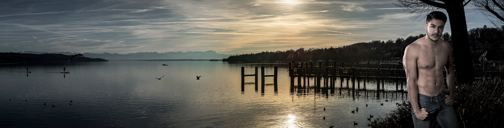 Model, man, strong, muscle, pier, lake_, unset